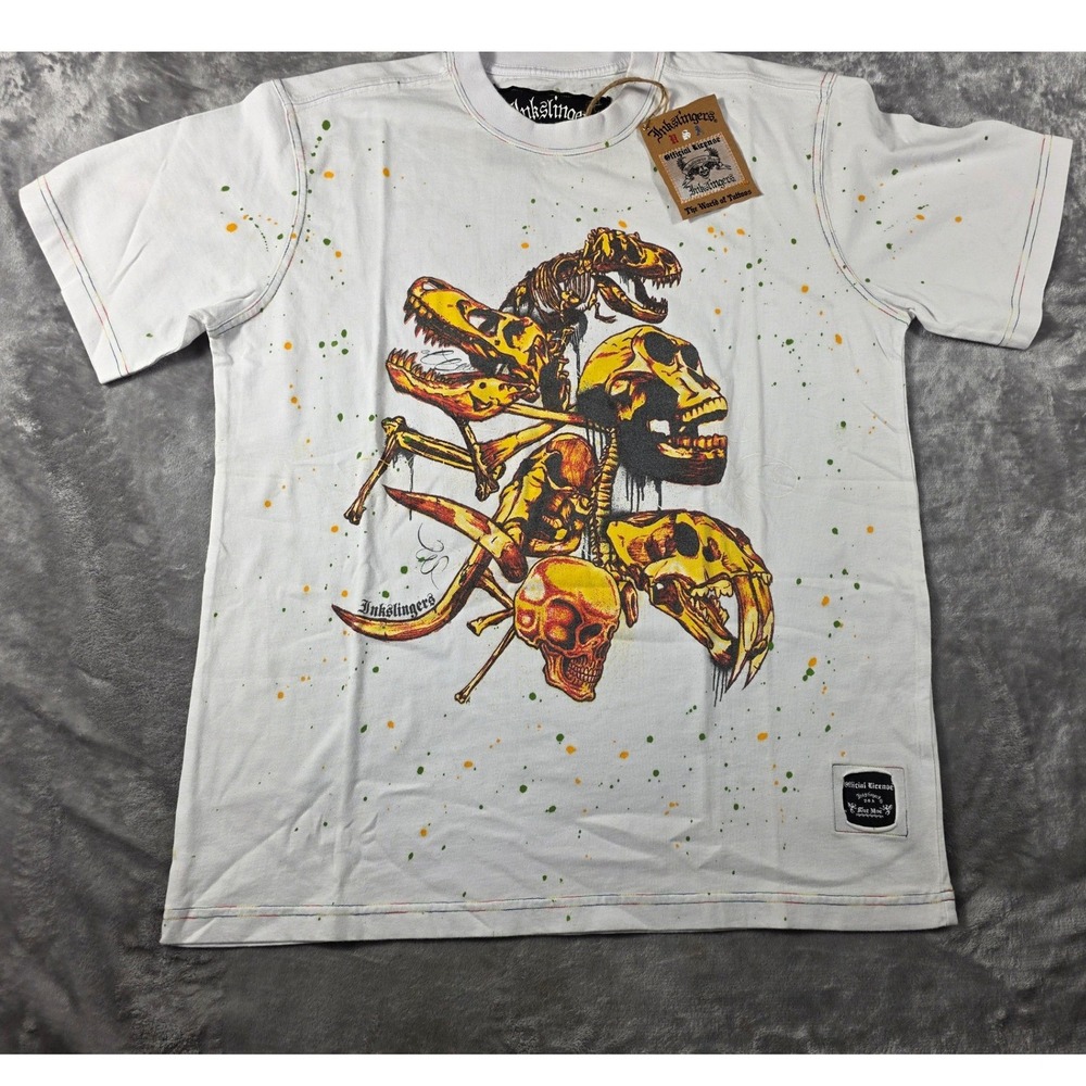 Inkslingers USA Graphic T-Shirt Men Large Dinosaur Skeleton Paint Splatter NWT